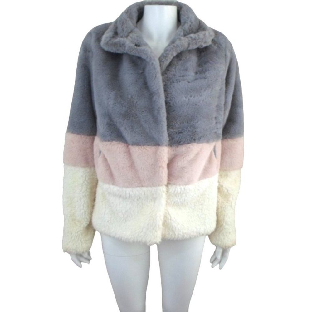 Ci Sono by Cavalini Faux Fur Jacket Hidden Snap Front Gray Pink Ivory
